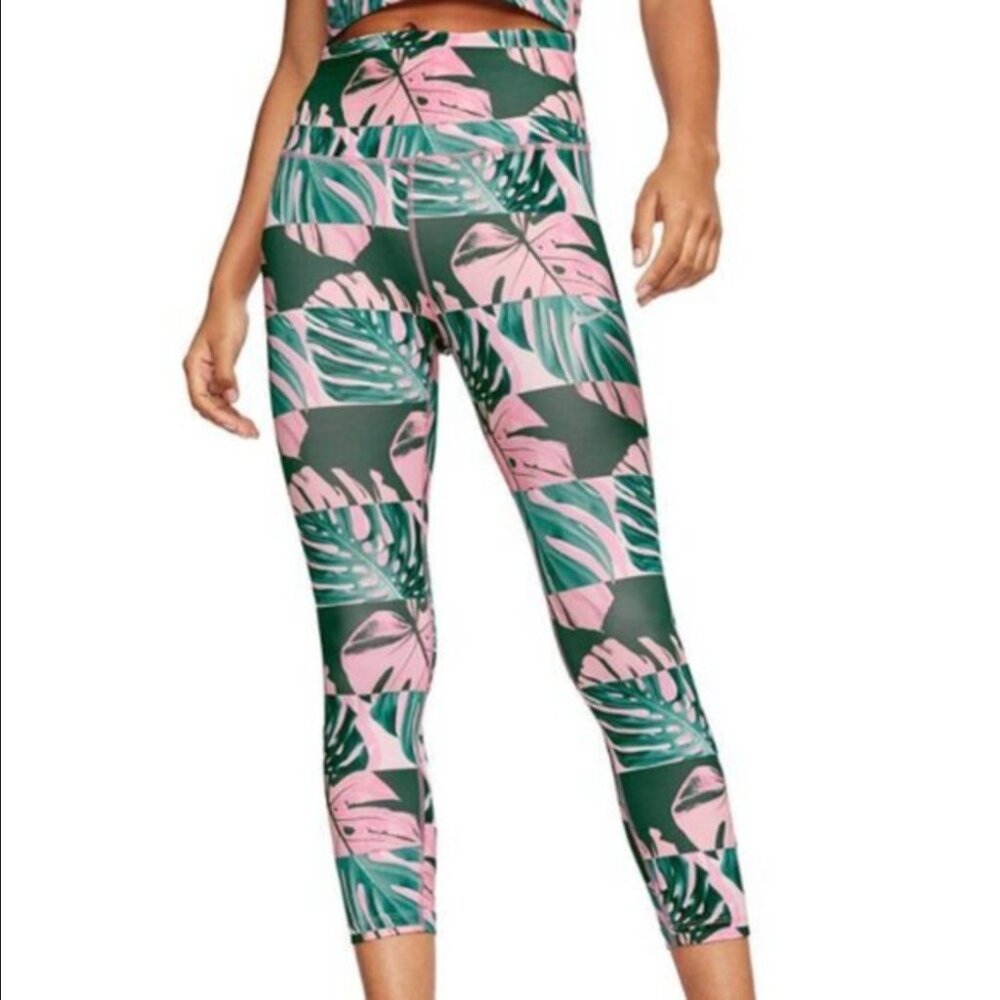 Nike Dri Fit Leggings S Pink Monstera Palm Leaves Cropped High Rise Tropical